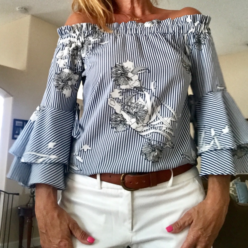 Blue and white striped floral off the shoulder top